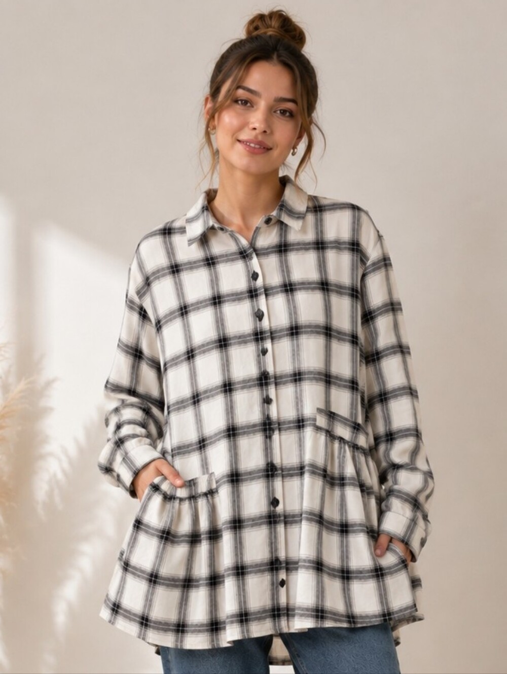 Dress To Kill Relaxed Lagenlook Drapey Modern Button Shirt Long Plaid Blouse